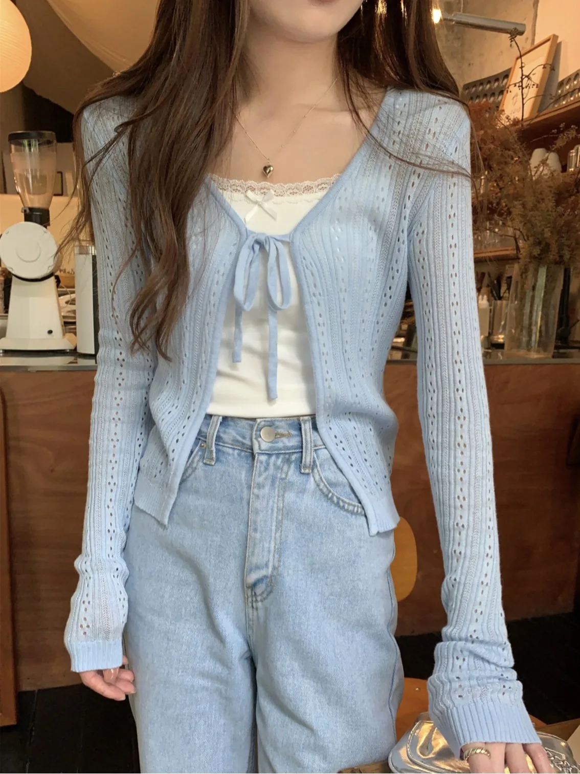 

Thin Hollow Out Lace Up Sun Protection Cardigan Women Spring Summer V-neck Long Sleeve Knitted Cardigan Casual White Top