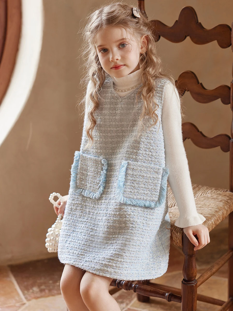 

Роскошный вязаный комплект для девочек, фиолетовое светло-голубое маленькое клетчатое осенне-зимнее платье без рукавов с v-образным вырезом для малышей, праздничное и праздничное платье