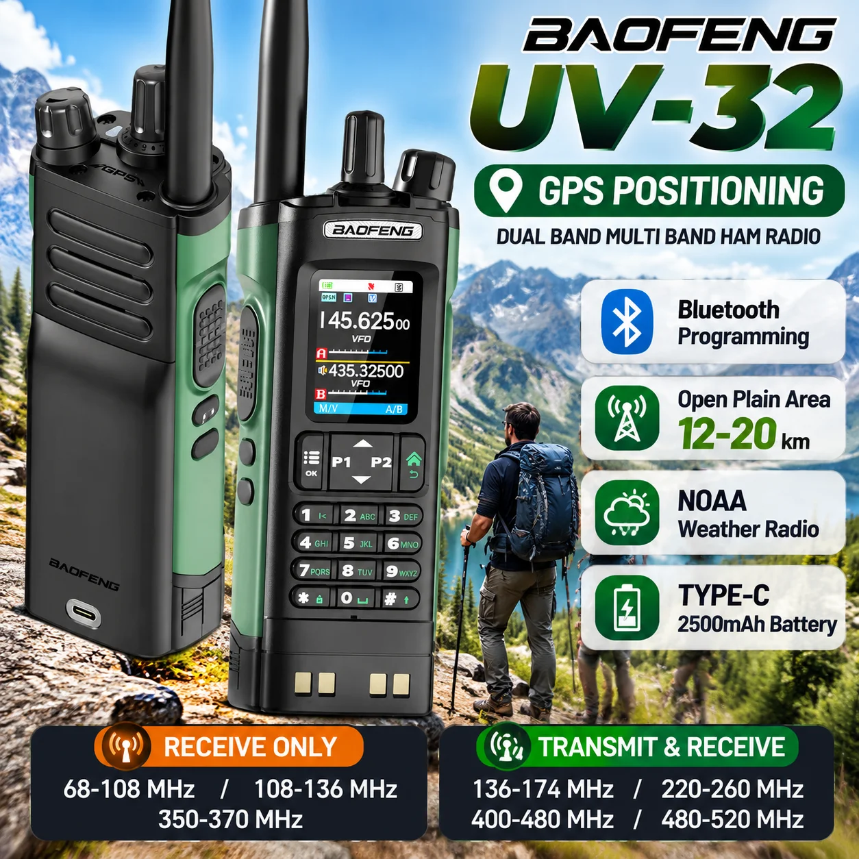 Baofeng Uv-32 10W Ham 2 Way Radio One-Key Frequency With Gps Noaa Walkie Talkie App Programming Type-C Uv32