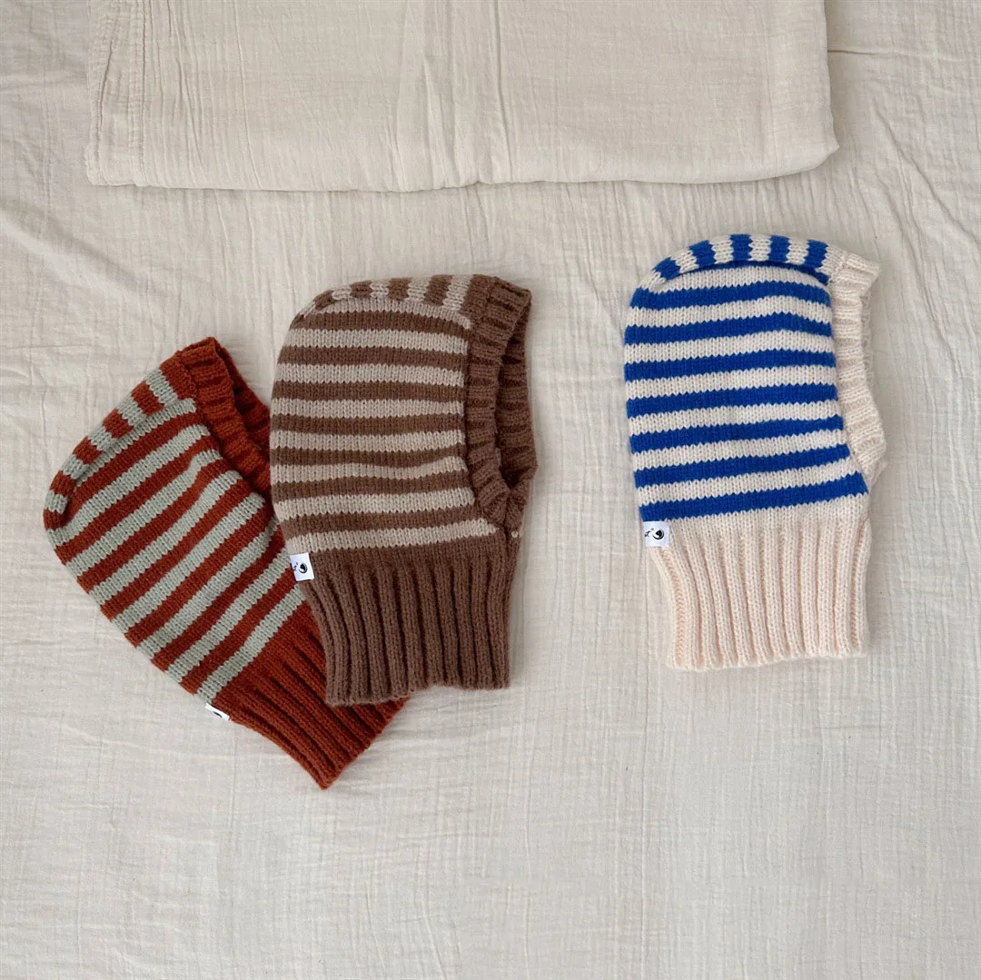 2024 Striped Kids Knitted Hat Children\'s Wool Pullover Cap For Boys Girls\' Warm Neck Protection Knitted Hat Korea Style