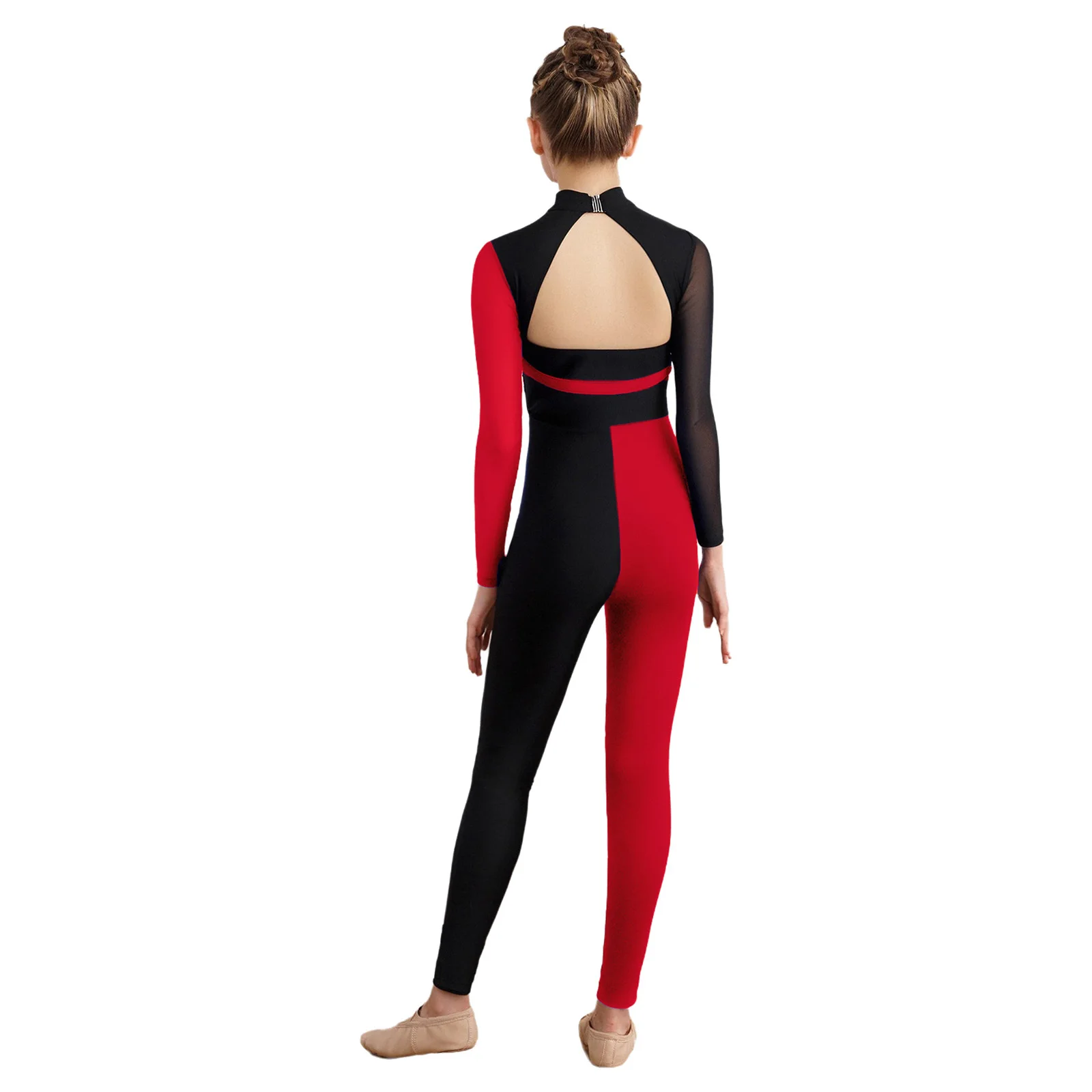 Body de baile con lentejuelas brillantes para niñas, mono de gimnasia con bloques de Color, mono con cuello simulado de malla transparente de manga larga con recorte en la espalda