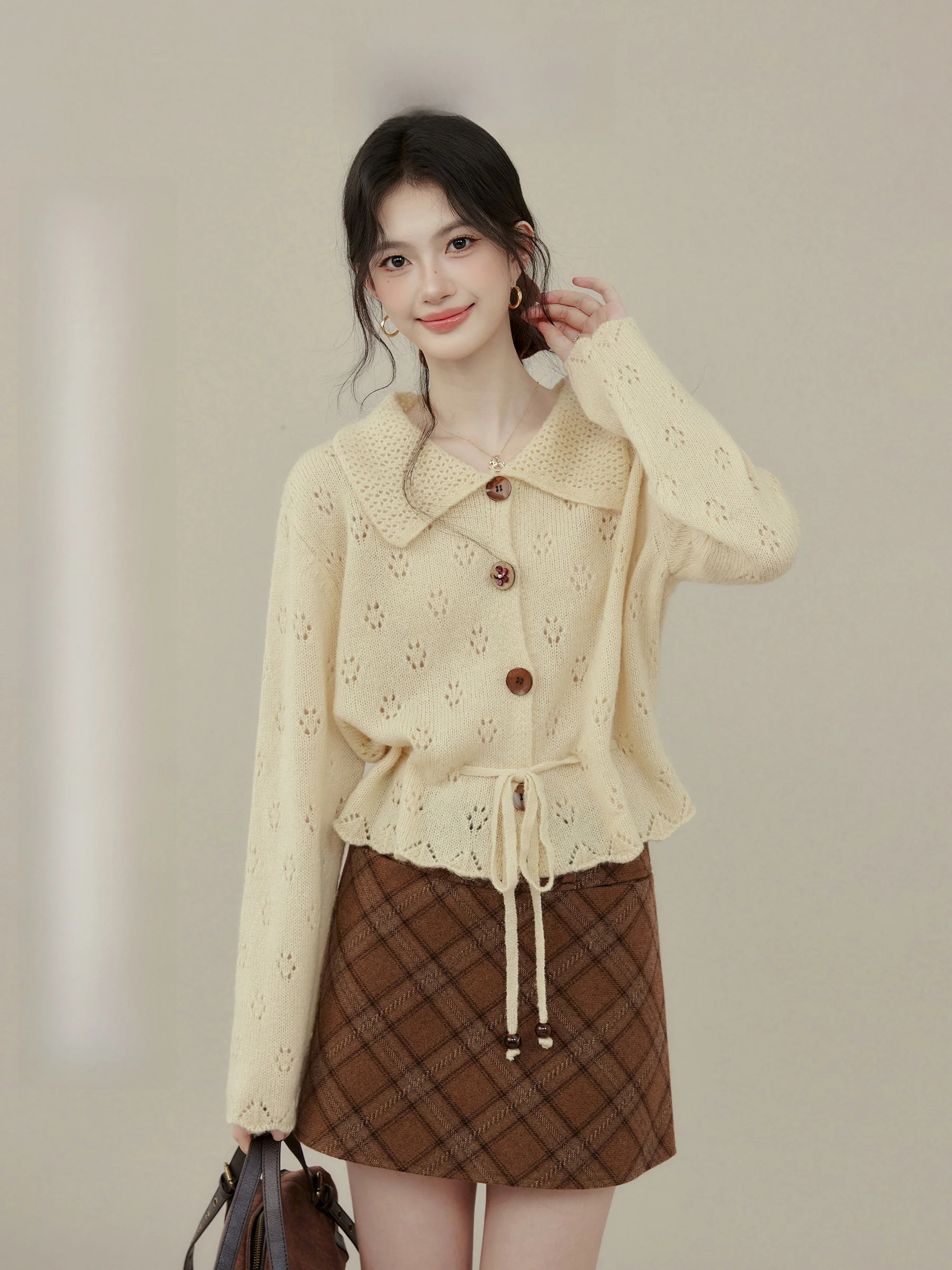 

Желтый вязаный открытый кардиган ort Sle с откидным воротником и крючками с цветочным узором, осень-зима, Новое поступление, женский модный топ