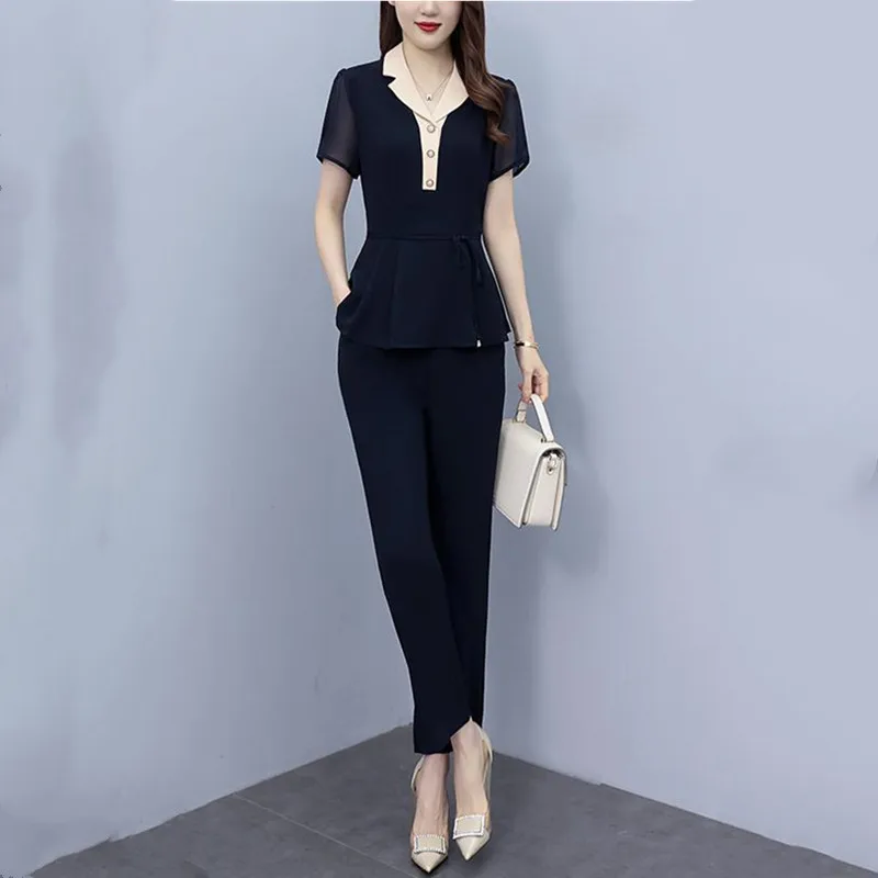 Women Summer Clothing Sets 2023 New Wide Leg Pants & Blazer Collar Slim Patchwork Top 2 Pieces Outfits Office Lady Pantsuits