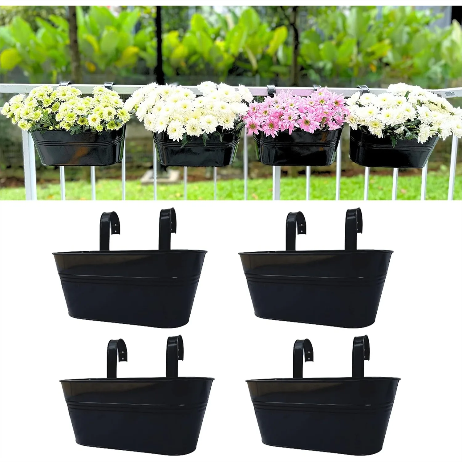 

Metal Rail Planter for Outdoor Plants, 4 Pack 11.2 Inch Black Hanging Flower Pots with Hooks for Deck Fence Wall