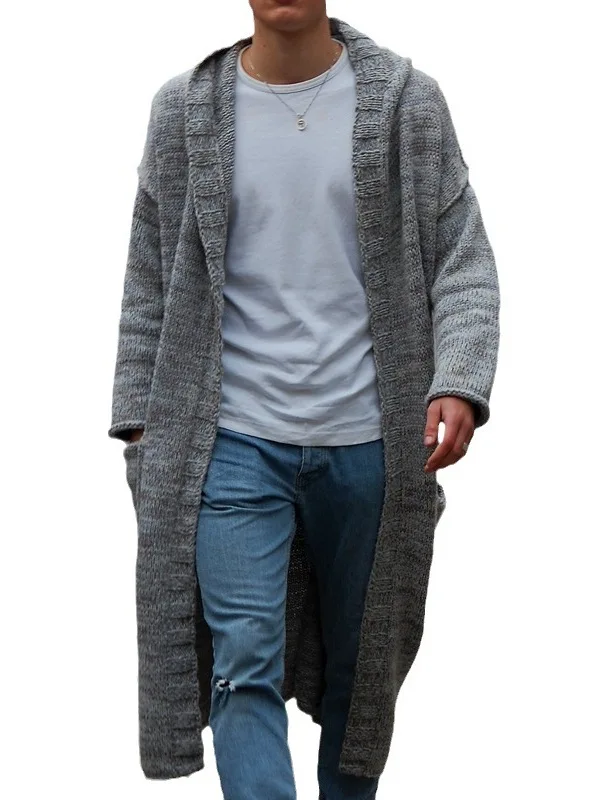 

Мужской осенне-зимний тонкий вязаный длинный открытый кардиган, свитер, повседневный свободный крой, с капюшоном, удобный эластичный двойной трикотаж