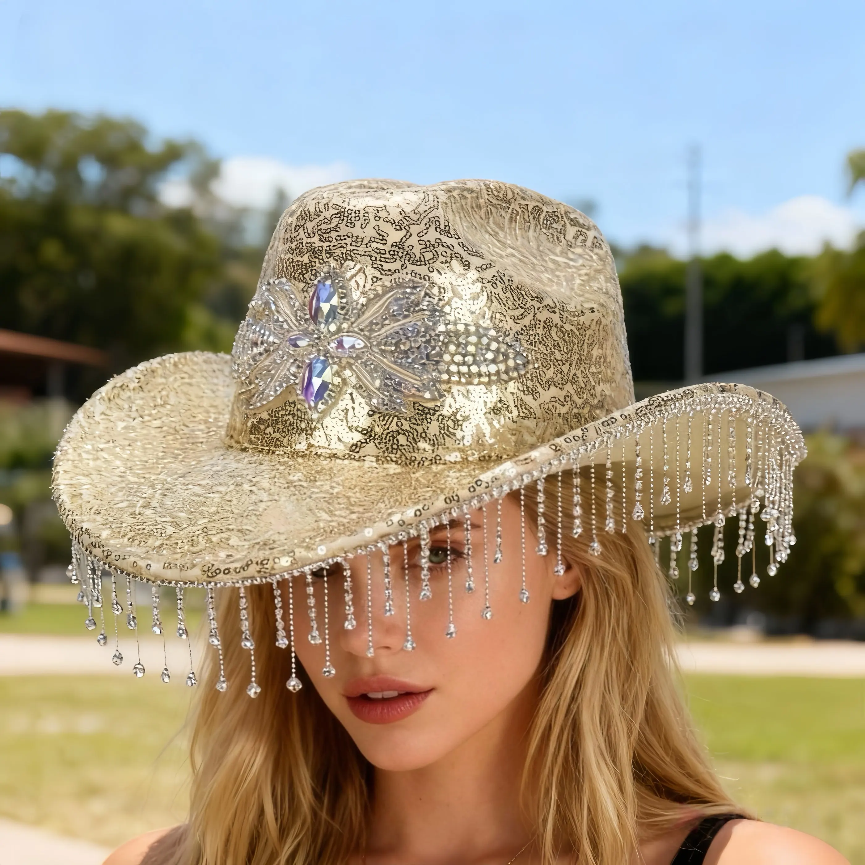 HongLuan Golden Glitter Costume Hat Adult & Cowboy Hats Rhinestone for Woman, Cowboy Cosplay Female Accessories & Cowgirl Cap