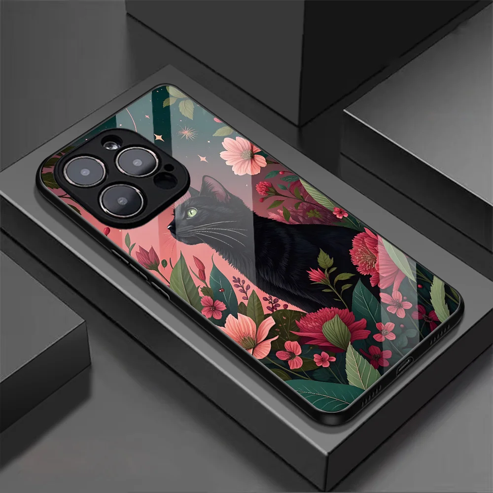 

Aesthetic Art Painting Black Cat Glass Phone Case Suitable for iPhone 17 16 15 14 13 12 11 Pro/Max/Plus Anti Drop and Anti Shock