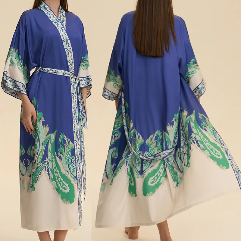 

Women's Long Robe Home Dress Spring Summer Sleepwear Nightgown Elegant Floral Print Kimono Bathrobe Gown Loose Homewear Lingerie