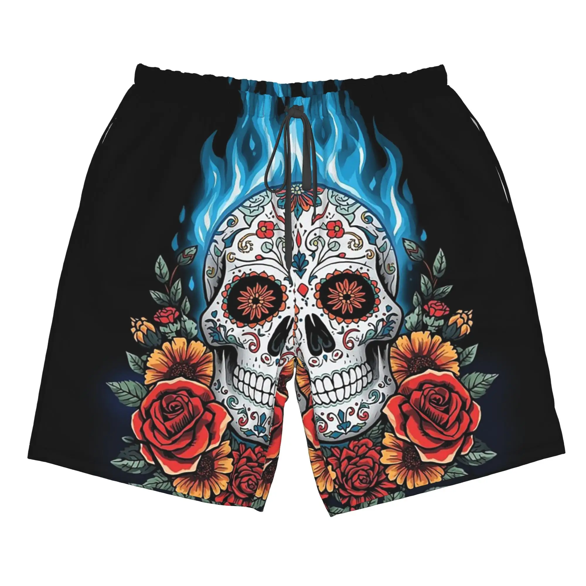 Skull With Rose in Fire Design Trunks Beach Board Shorts Casual Quick Dry Swim Summer Men Pants