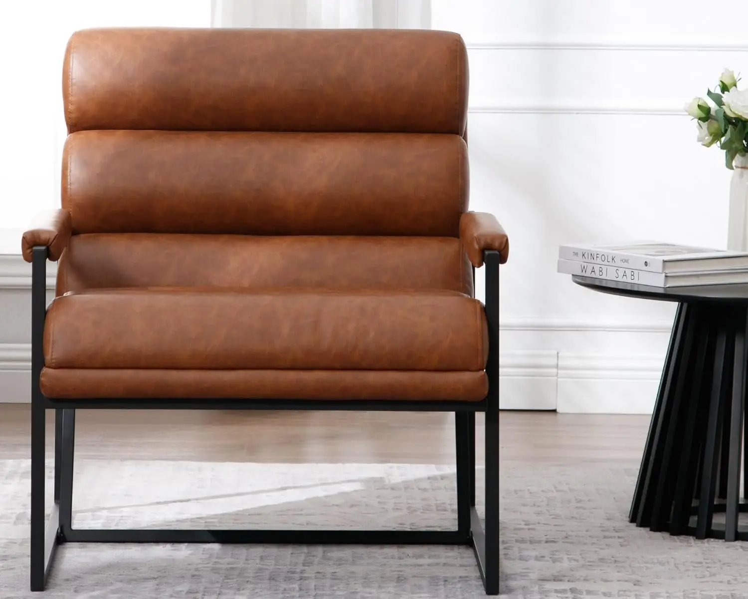Channel Tufted Sling Accent Arm Chairs with Black Metal Legs, PU Faux Leather Upholstered Single Sofa with 6