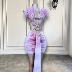 Gorgeous Sexy See Through Black Girls Short Prom Dress 2026 Backless Pink Velvet Feather Sparkly Beaded Women Cocktail Gowns