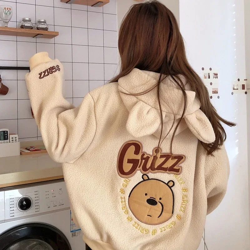 Sweet Zipper Coat Hooded Bear Print Harajuku Loose Pocket Hoodies Autumn Winter Womens Fleece Flannel Pullover Female Sweatshirt