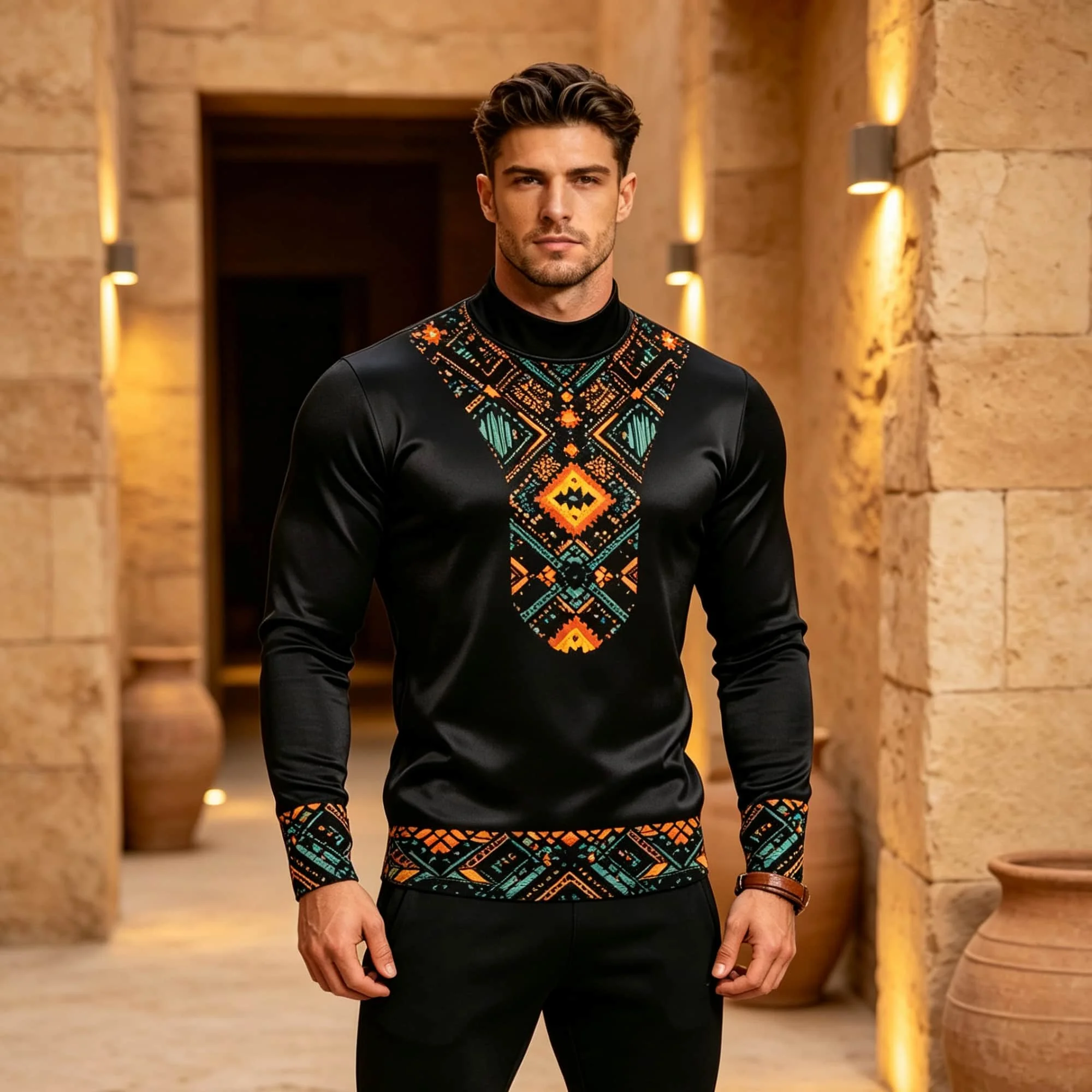 Retro Tribal‑Art Accent Mock Neck Long Sleeve Tee Men’s Solid Black  Ethnic Geometric Statement Detail Pullover