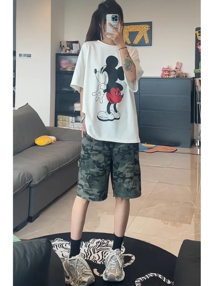 American High Street Camouflage Shorts Men's Summer Washed Vintage Trendy Loose Straight Workwear Five-Quarter Mid-Pants