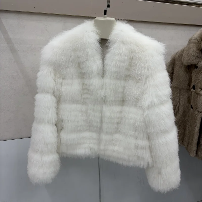 2026 New Fashion Winter Women Real Natural Fox Fur Strip Sewed Toghter Coat V-Neck Thick Warm Luxury Outerwear Jackets