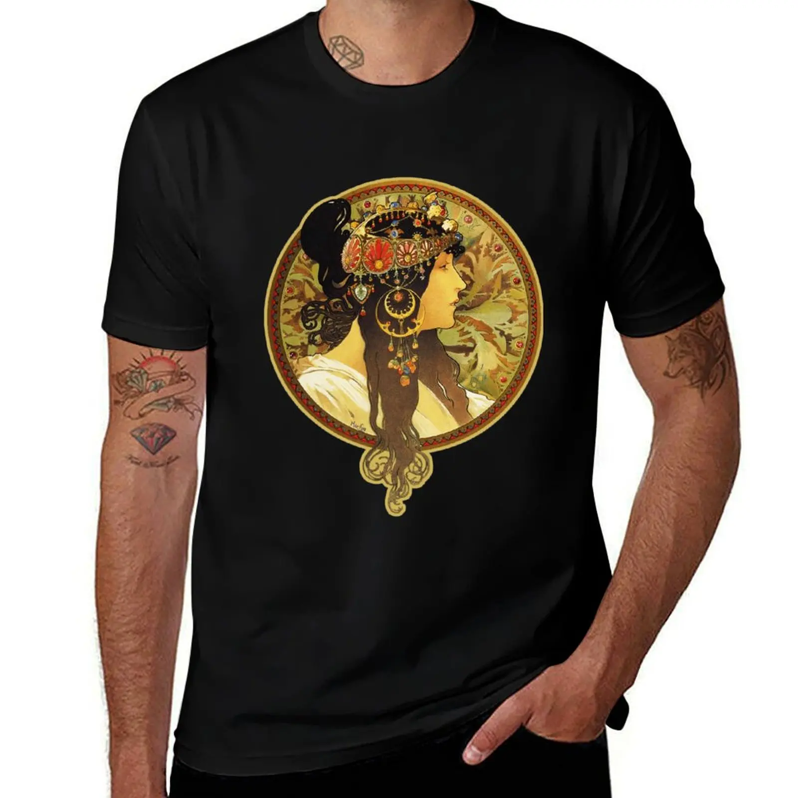 HD Byzantine Heads: Brunette (1897) Mucha T shirts/Pillows/and more T-Shirt anime t shirts oversize T-Shirt