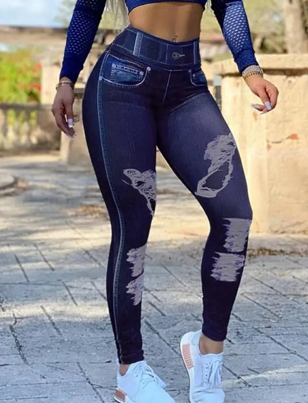 Women Sports Trousers 2024 Spring Summer Latest Denim Pattern Print High Wait Butt Lift Leggings Pants Fashionable Active Pants