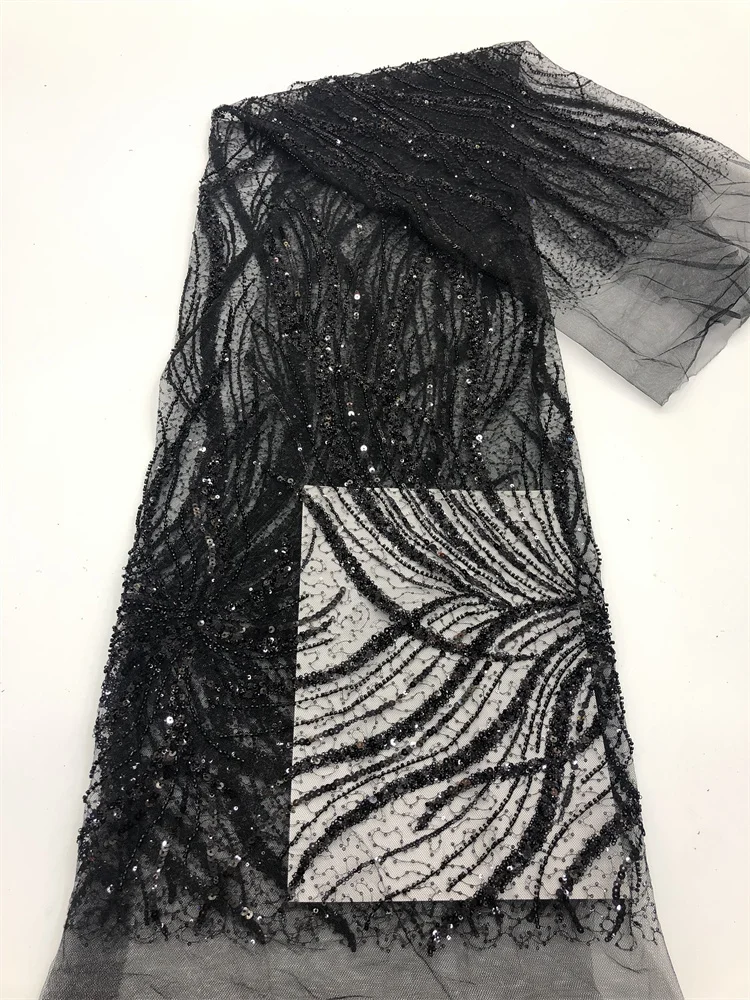 Nigerian Heavy Beaded Lace Fabric With Sequins Luxury Black Dubai Tulle Embroidery Lace Fabric For Evening Dress Bridal Fabrics