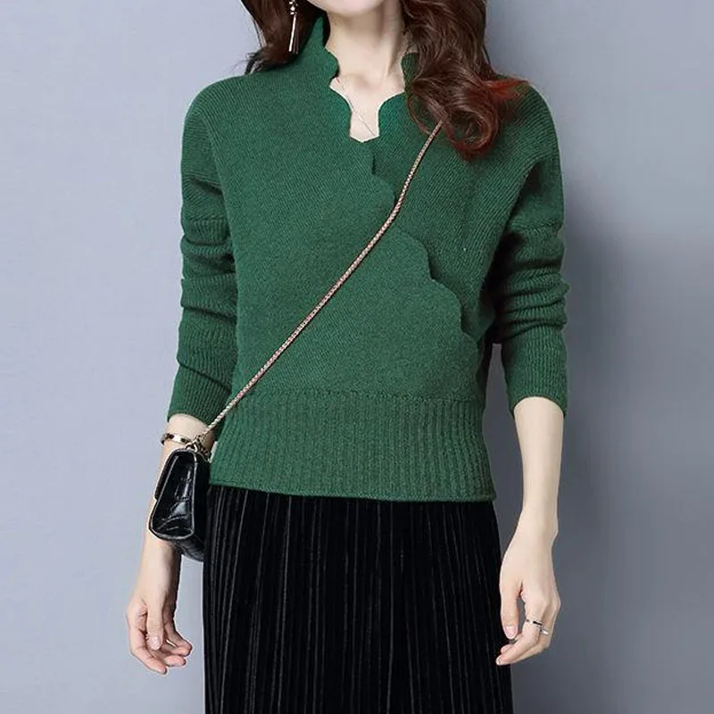 Elegant Fashion Cross Spliced V-Neck Sweaters for Female Autumn Winter New Commute Simplicity Solid Color Short Knitted Tops