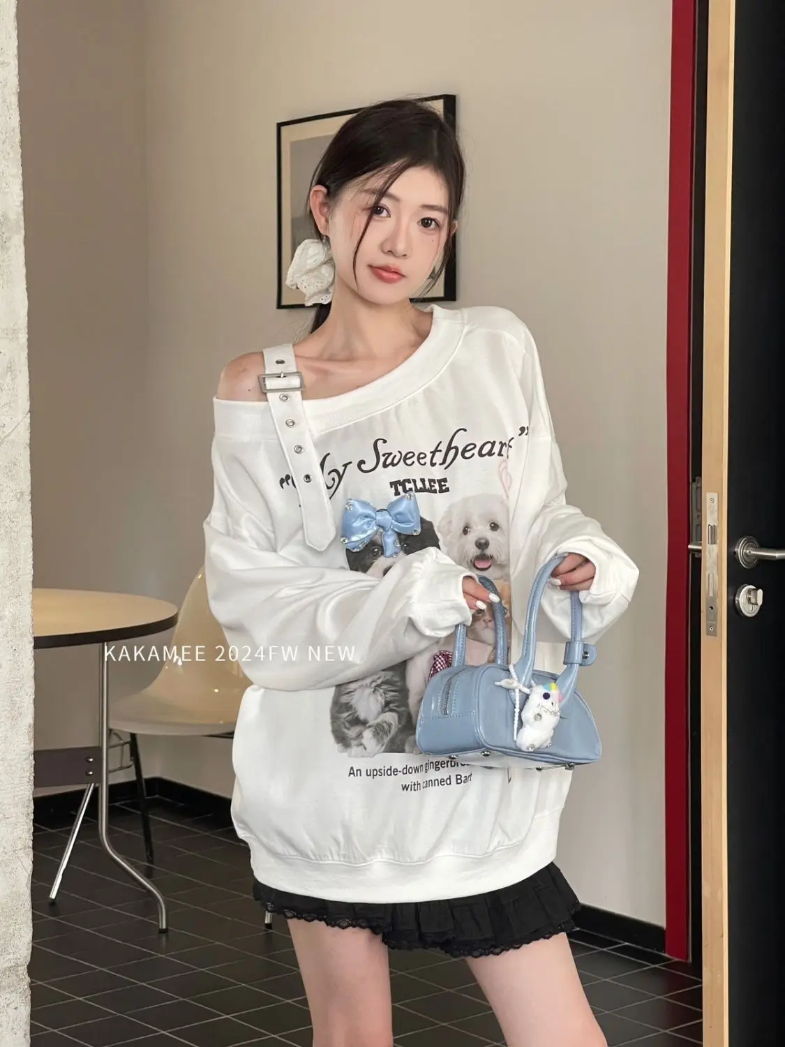 White Kawaii Dog Print Long Sleeve Ropa Mujer Casual O Neck Women Tshirts Sweet Letter Cartoon Preppy Style Tees American Y2k