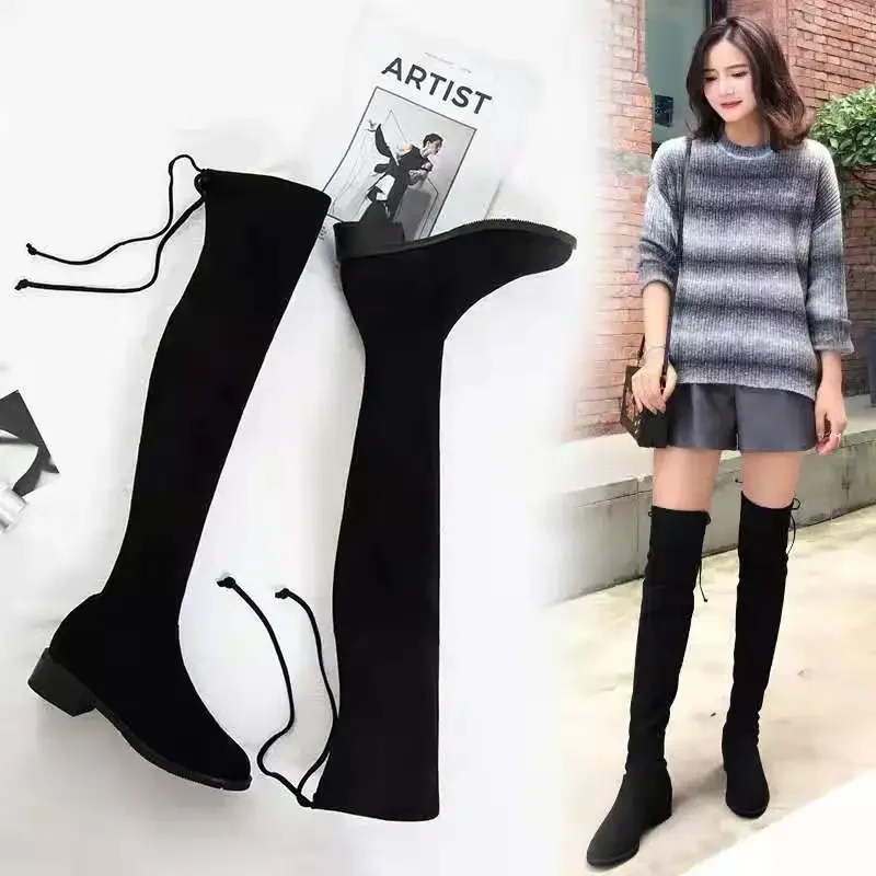 Thigh High Boots Female Winter Boots Women Over The Knee Boots Flat Stretch Sexy Fashion Shoes  Black Botas Mujer Sneakers