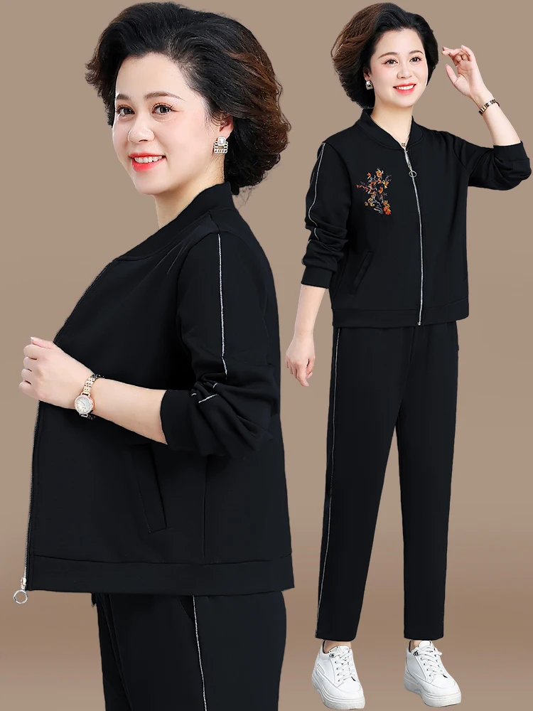 

Spring Faion Sportswear Set for Middle-Aged Mothers Casual Sle Two-Piece High-End Ensemble Comfortable Loose Fit Long Pants