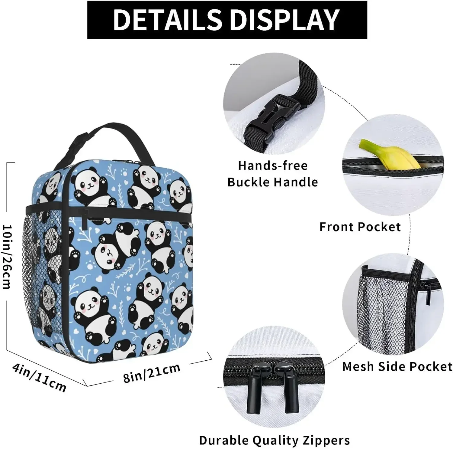 Cute Panda Lunch Box Insulated Lunch Bag Detachable Handle Lunchbox Thermal Meal Tote Bag for Travel Picnic Office Work Outdoor