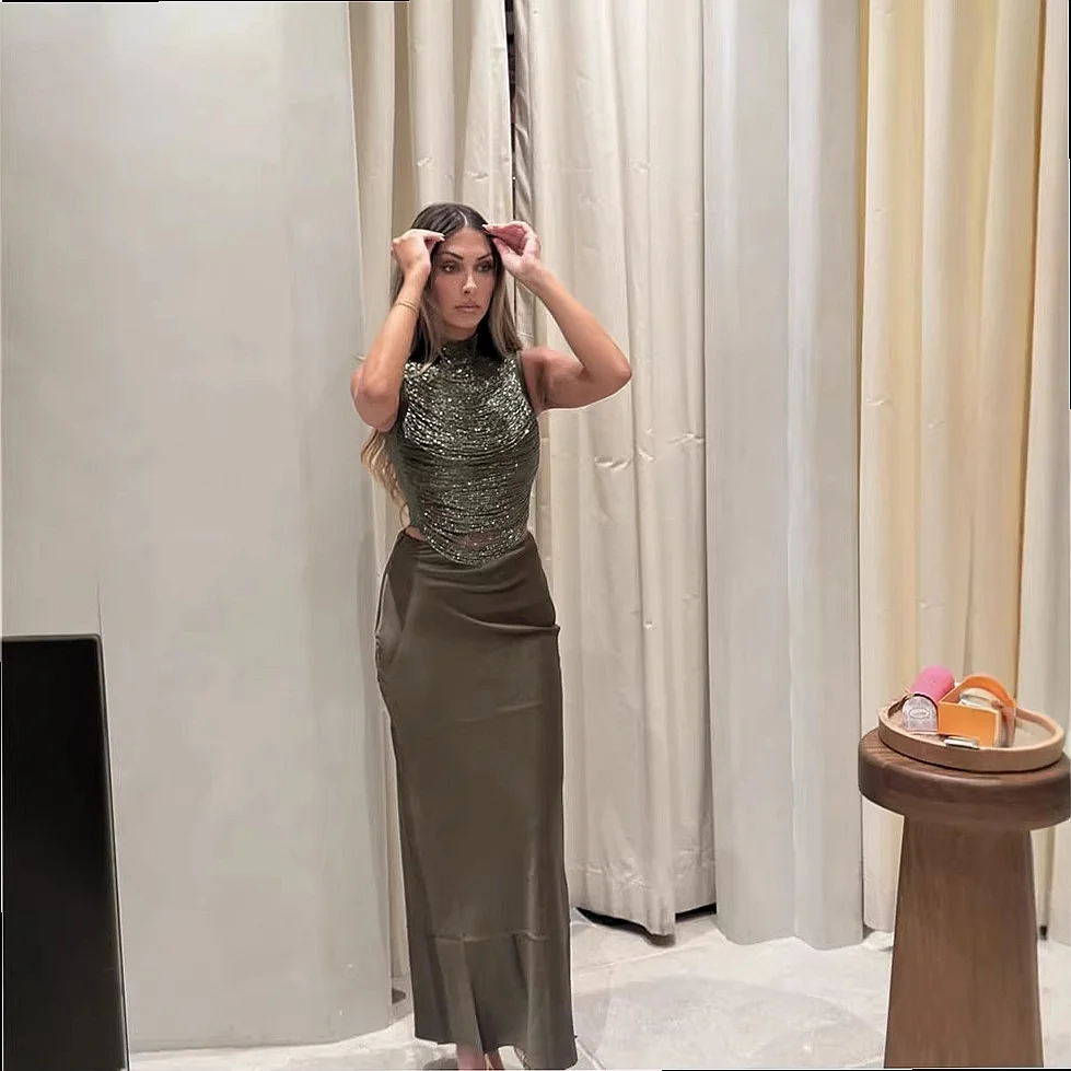 Elegant Sleeveless Fringe Zipper Satin Fishtail Long Dress Set, Spring Summer Matching Set Jumpsuit Playsuit