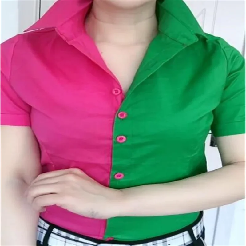 Chic Splicing Lady Blouses Short Sleeve Shirts For Women Contrast Color Shirts Korean Woman Clothes Shirts Sloping Placket Bloue