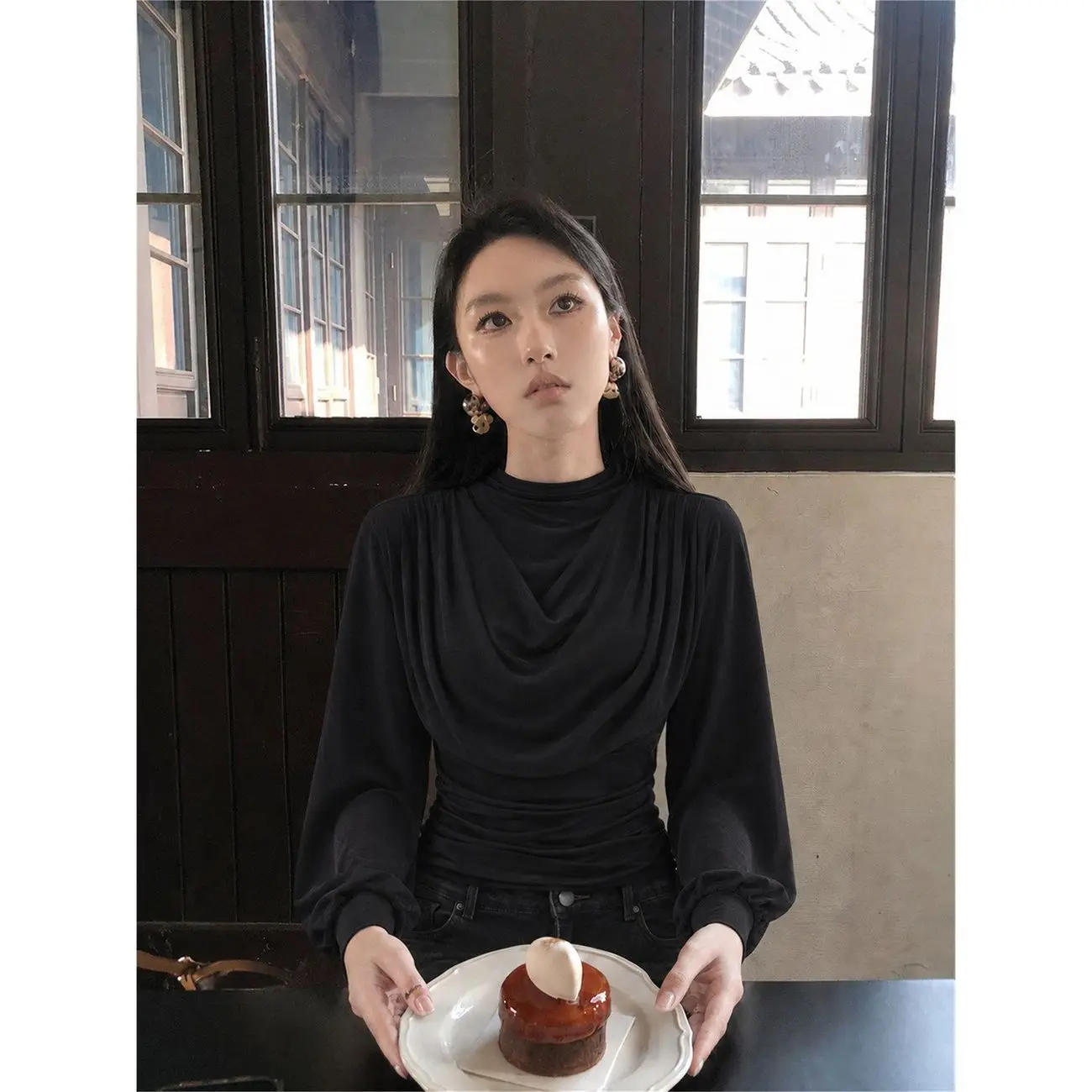 Elegant Casual Style Long Sleeve T-Shirt Women's Spring Autumn Fashion Design Flounce Sleeve Empire Waist Slimming Top