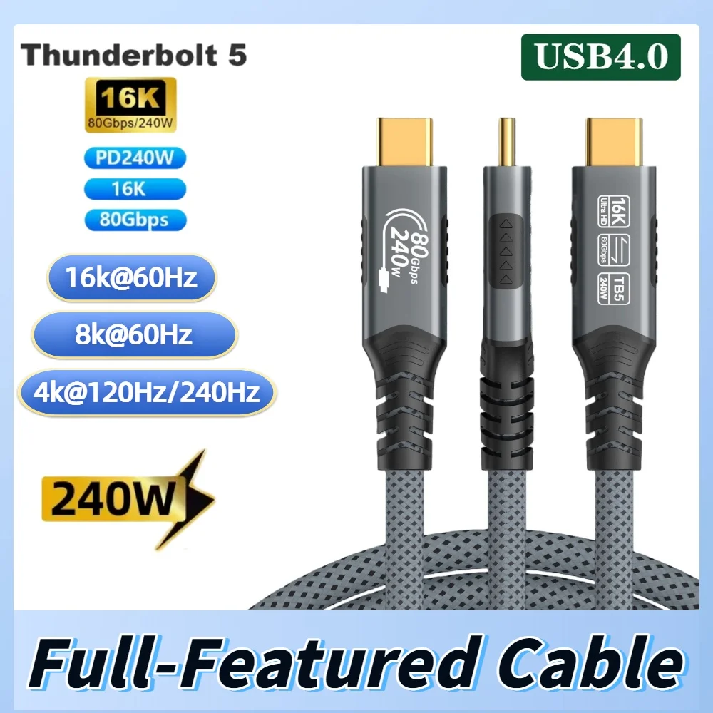 16K PD240w 80Gbps USB-C Schnelllade-Datenübertragungskabel Voll ausgestattetes Kabel für Thunderbolt 5/4/3 Telefon Tablet Laptop MacBook