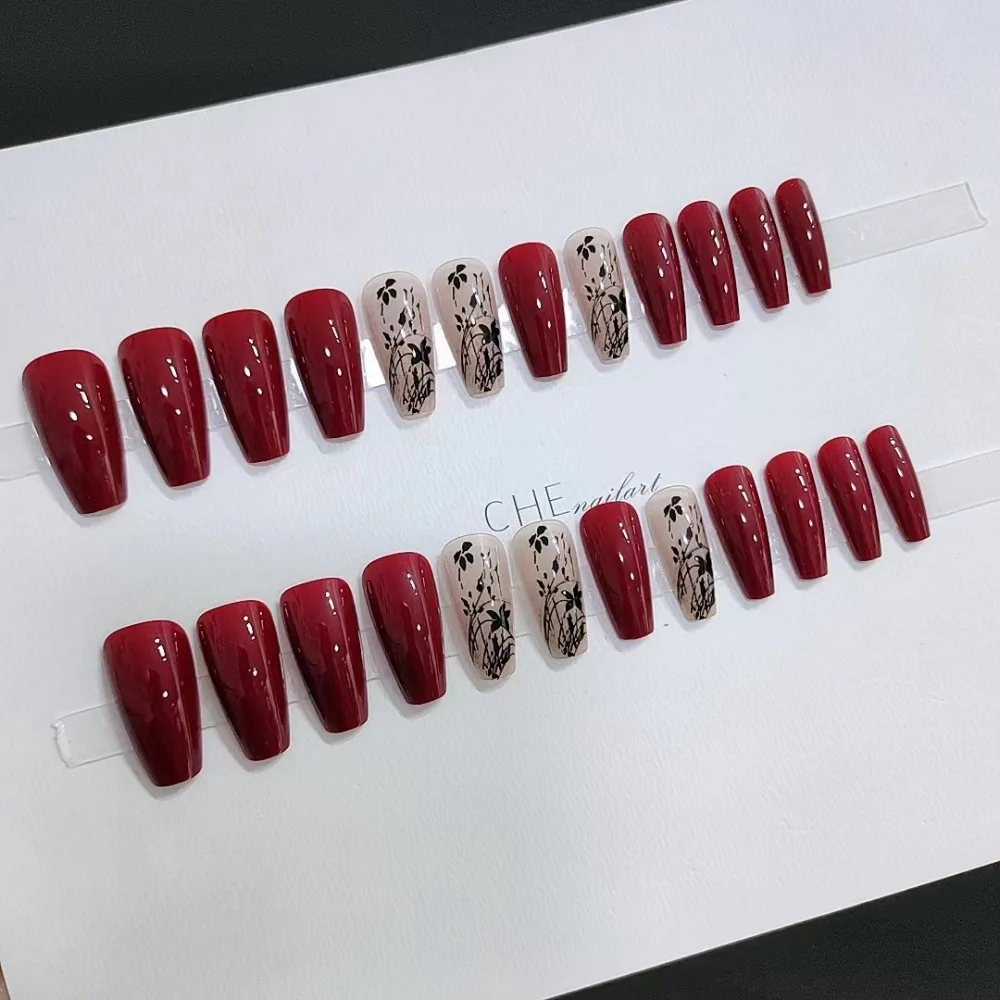 Unhas falsas francesas de formato trapezoidal longo, estilo vintage, vinho tinto, manicure vestível, amêndoa, unhas falsas, cobertura completa, pontas de unhas para meninas