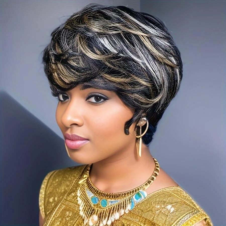 

Short Pixie Cut Wig for Black Women Human Hair Multicolor Layered Haircut Short Wigs Glueless Wig with Bangs Quick Get Up and Go