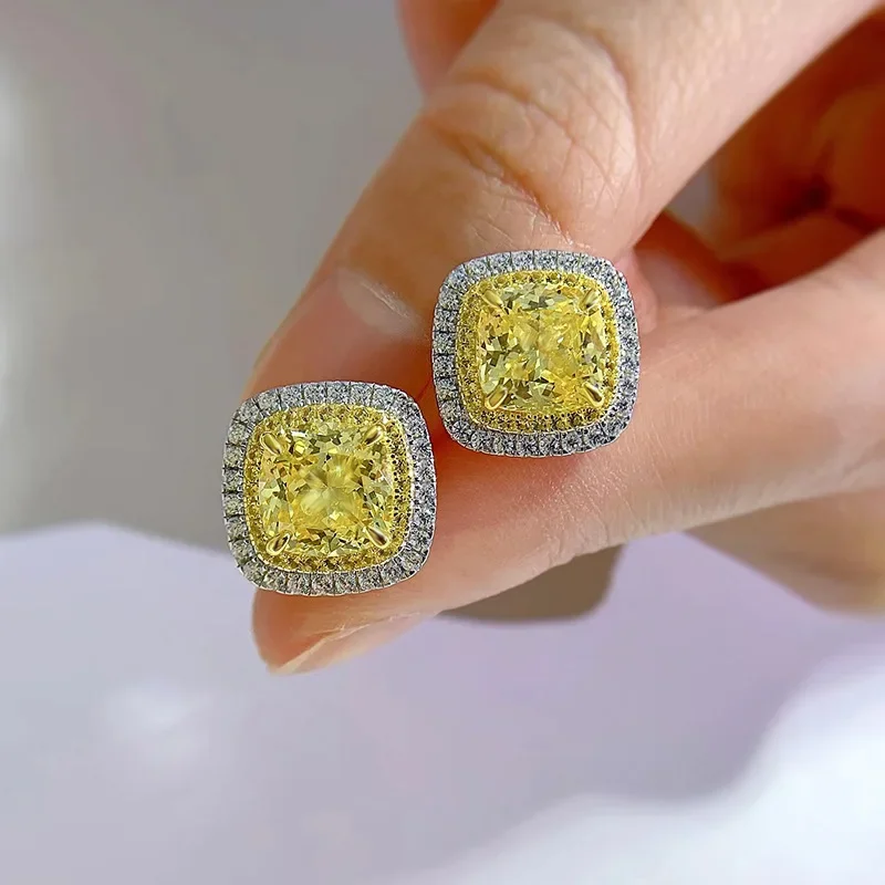 2023 New 8 * 8 Fat Square Yellow Diamond High Carbon S925 Silver Ear Stud European and American Ear Jewelry