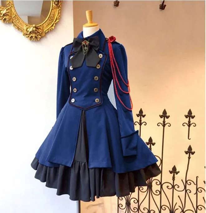 2022 Retro Gothic Lolita Dress OP Ruffled Bow Button Lace Knee Length Dress Long Sleeve Sweet