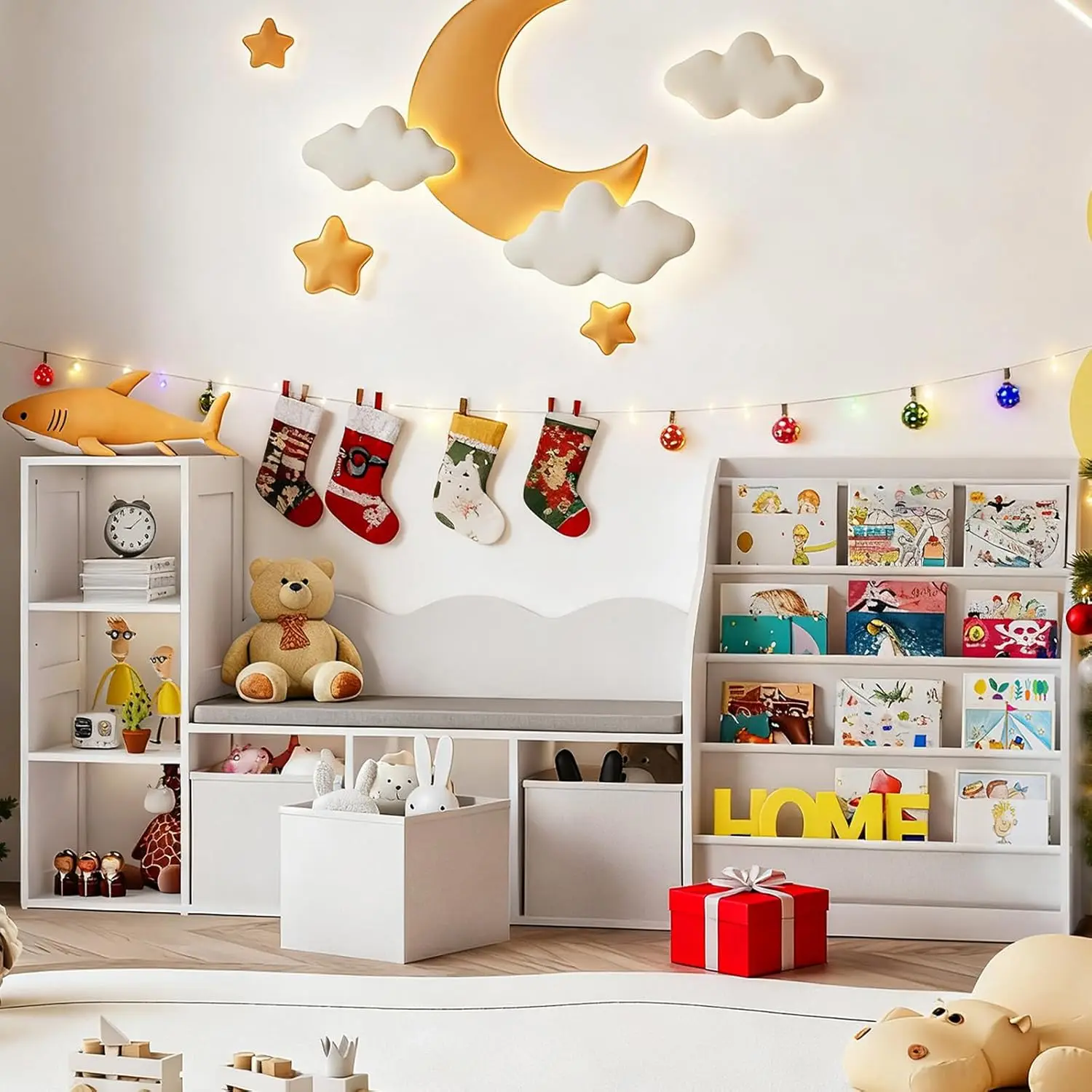 

Детский книжный шкаф 3-в-1 с уголком для чтения, подушкой и местом для хранения для игровой или детской комнаты, белый