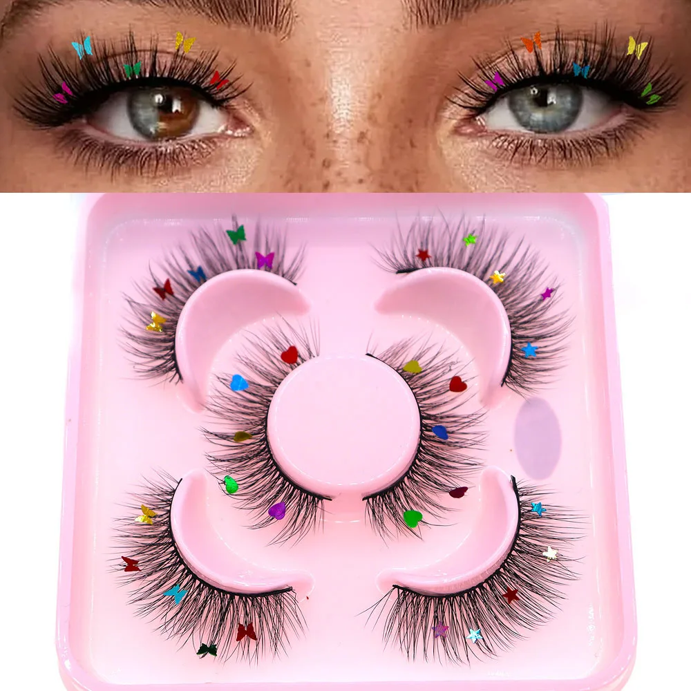 3 ペアセットスター蝶ハート型スパンコールつけまつげ妖精の杖パーティーハロウィンクリスマスカラフルなスパンコールまつげ