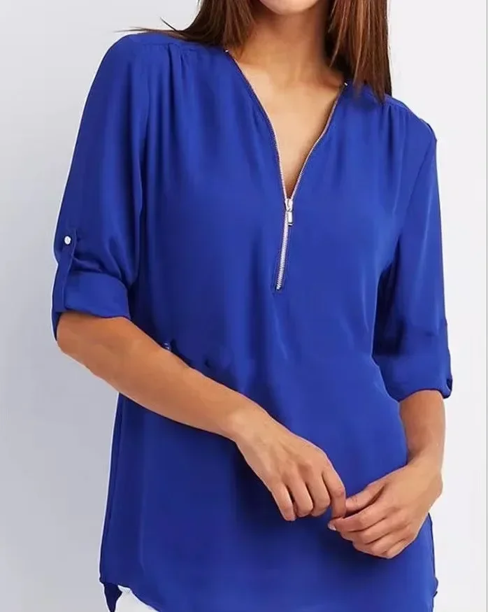 2025 offre spéciale femmes Cool chemise ample col en V profond en mousseline de soie mode Blouse décontracté dames hauts Sexy pull à fermeture éclair grande taille