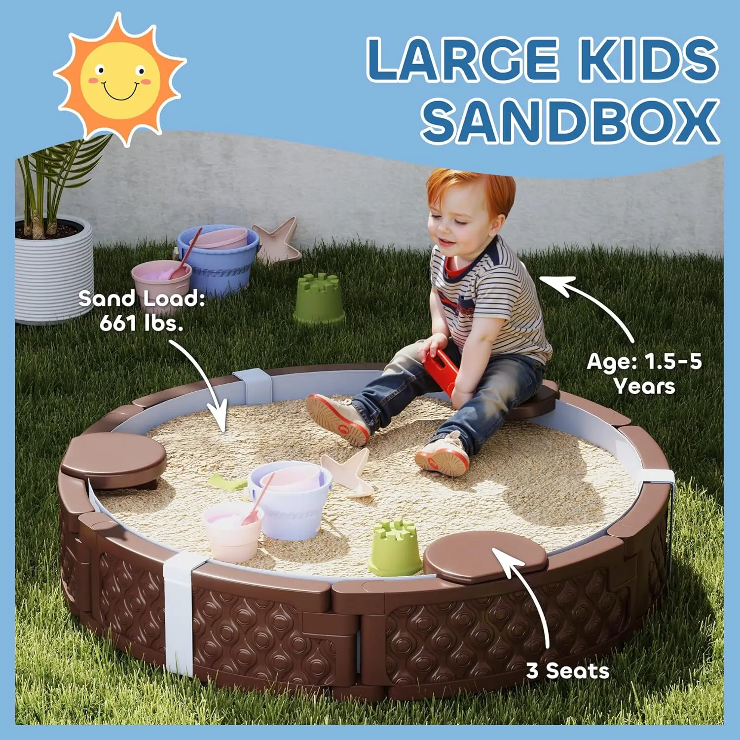 Sandbox per bambini con coperchio, grande fossa di sabbia rotonda da 47 "con 3 posti, fodera inferiore impermeabile, scatola di sabbia per esterni resistente alle intemperie