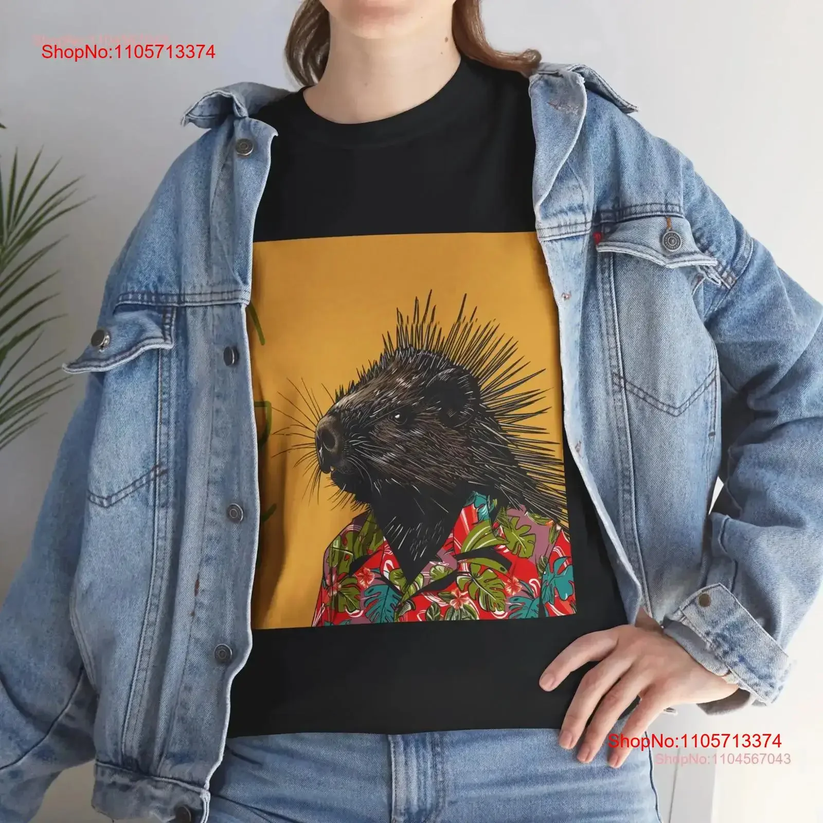 Hawaiian Porcupine Heavy Cotton T Shirt Animal Black vintage Washed homme Versatile graphic Slightly Breathable