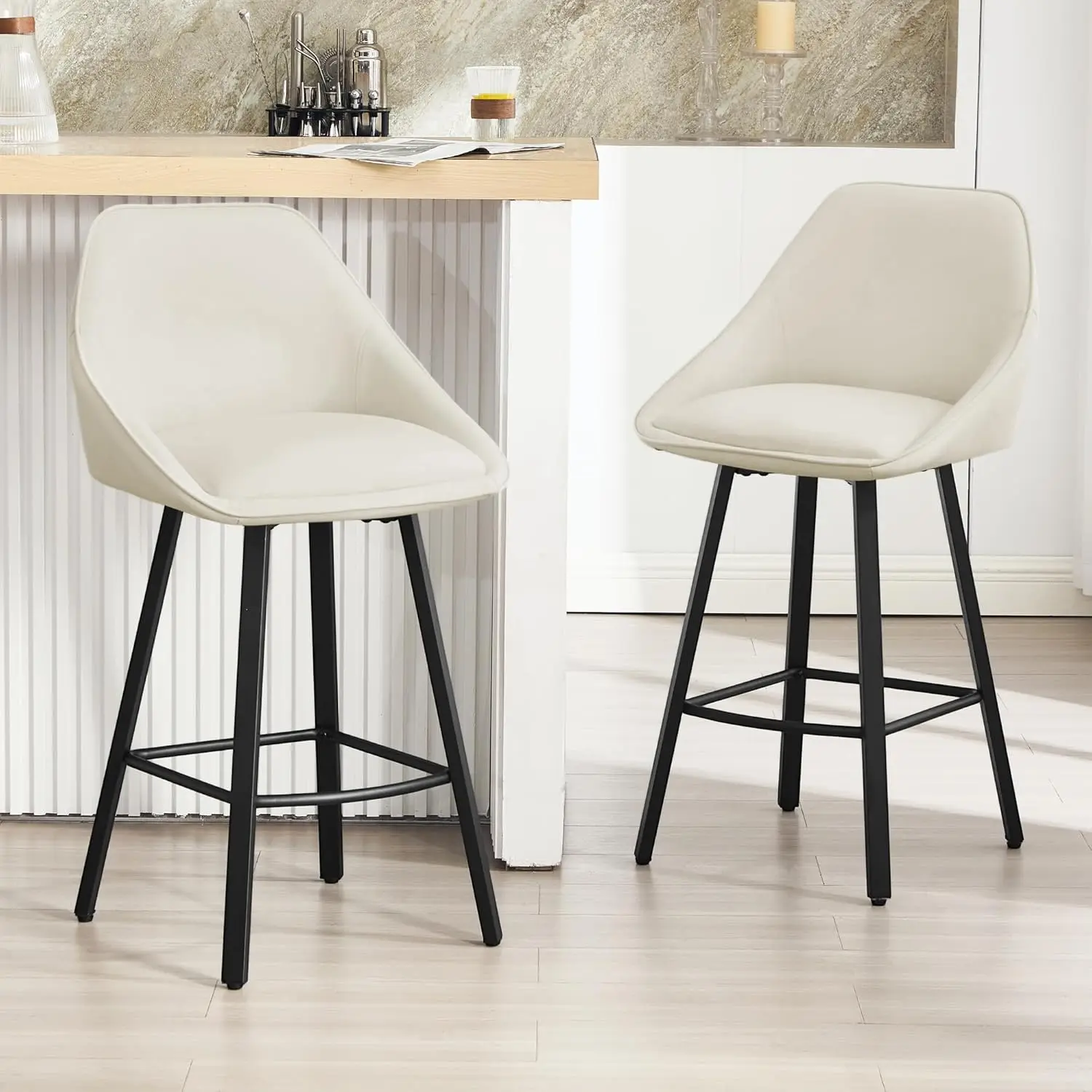

26" Swivel Counter Height Bar Stools Set of 2 Metal Legs Faux Leather Back Kitchen Island Beige, Customized