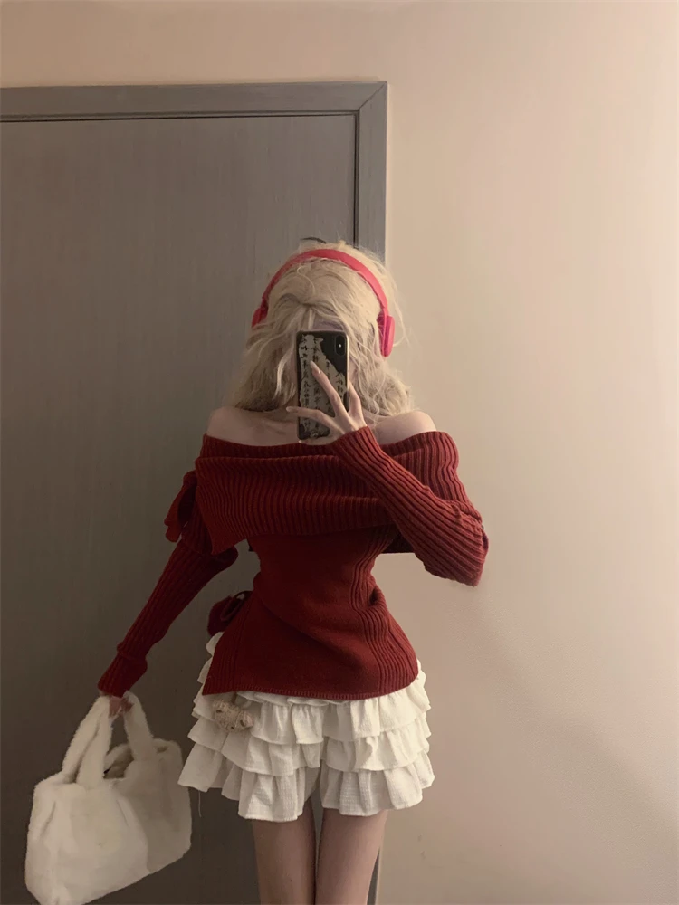 Winter Kawaii Sweet 2 Piece Set Woman Off Shoulder Bow Knitted Tops + Mini Cake Skirt Female Korean Fashion Casual Suit 2024 New