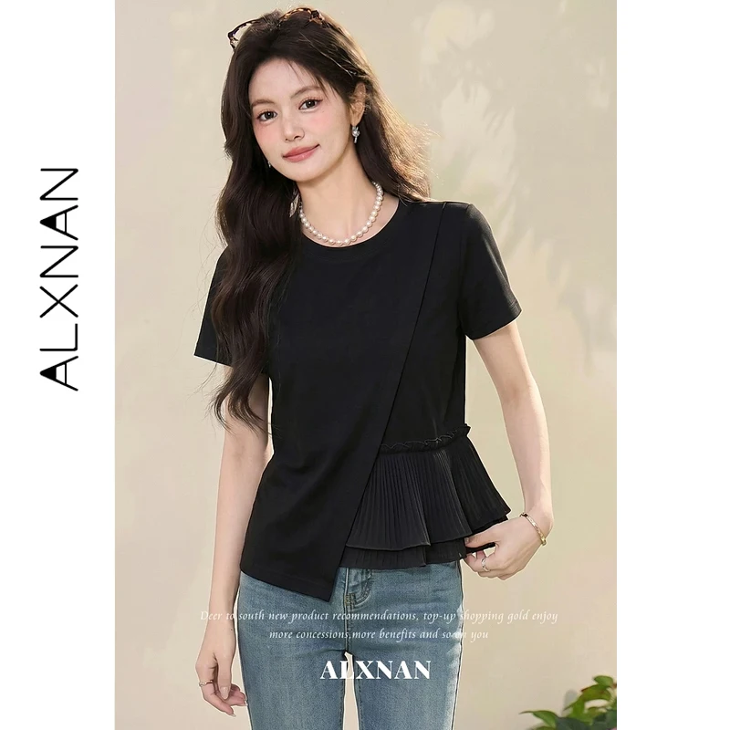

ALXNAN Black T-shirt Women 2026 Summer Round Neck Irregular Ruffled Spliced T-shirt Elegant Short Sleeve Tops Ladies L656108A
