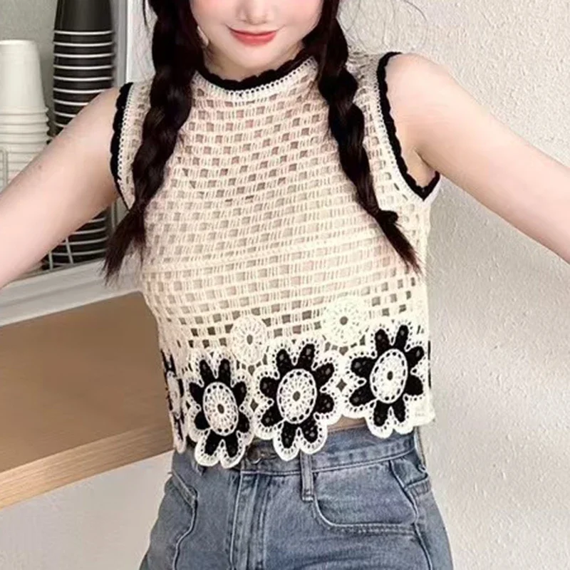 

Floral Crochet Tank Top Sleeveless Sheer Open-knit Crop Top Women Teengirl Summer Fairycore Boho Vacation Outfit