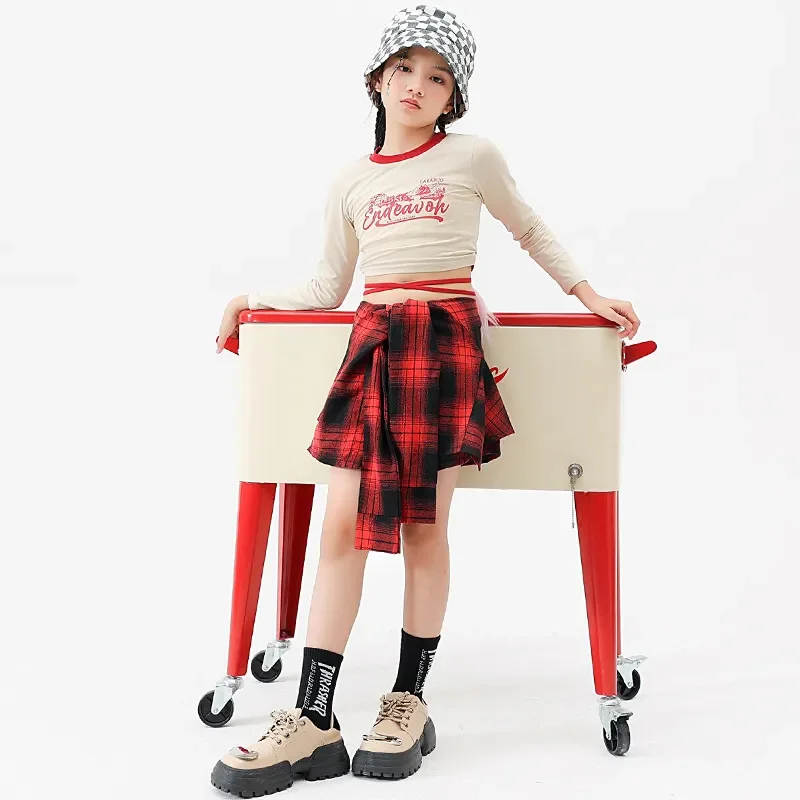 Children's Jazz Dance Costumes Girls Long Sleeve Round Neck Letter Print Pullover Red Plaid Short Skirt Set Kids Hip Hop Outfits