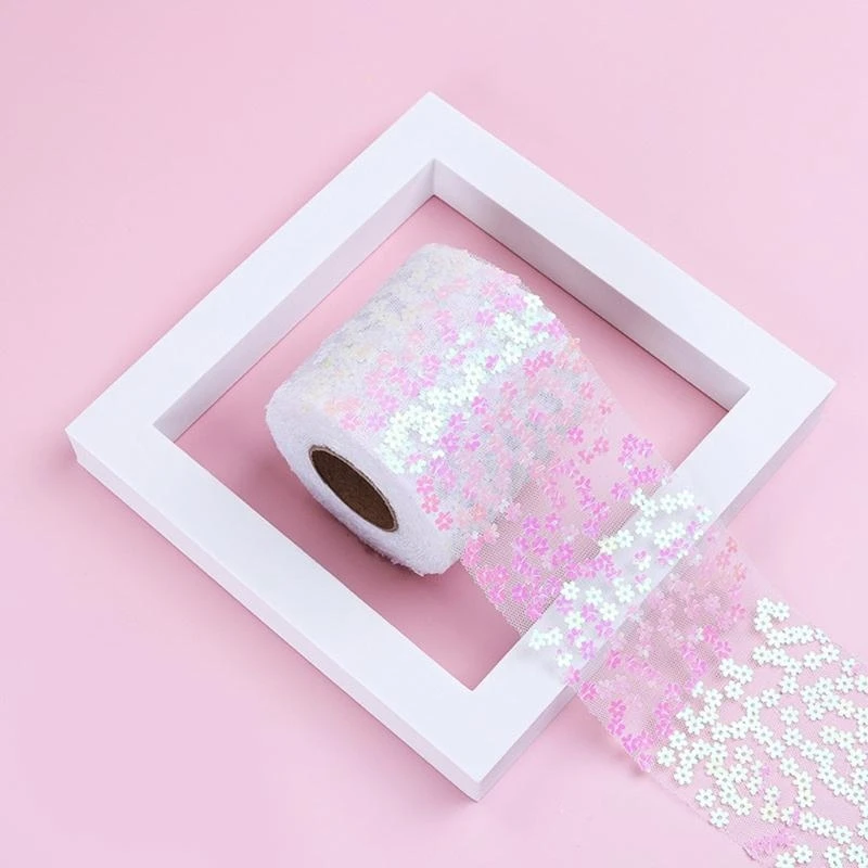 R1WE 6inch 10YardsTulle Roll Plum Flower Sequins Tulle Spool Shiny Sewing Craft Ribbon for Table Chair Sash Bow Costume