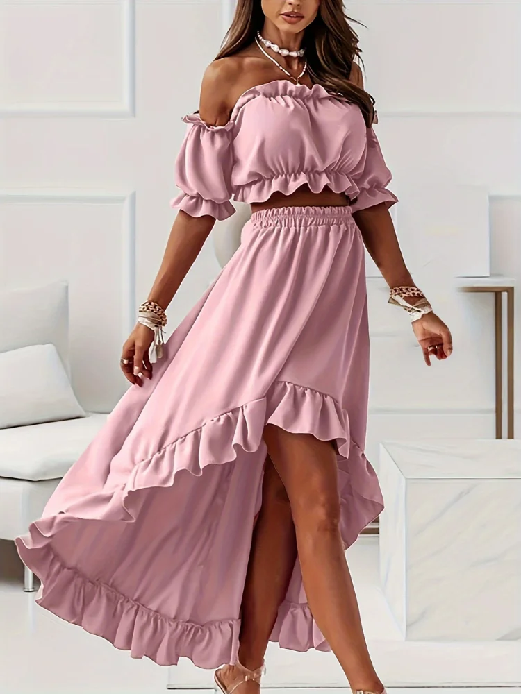 Wefas Conjunto de dos piezas de verano para mujer, color sólido, sexy, con hombros descubiertos, manga corta, falda larga, traje de calle