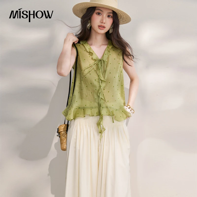 MISHOW Women's Green 100% Ramie Polka Dot Blouse 2026 Summer V Neck Ruffle Tie Front Sleeveless Casual Vest Blouse MXF29X2715 - view 4