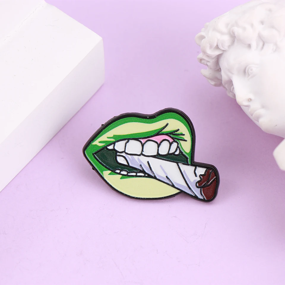 Cartoon cigarette with green lips Enamel Metal Funny Lapel Pins Brooches Badges Backpack Clothing Accessories Wholesale Jewelry