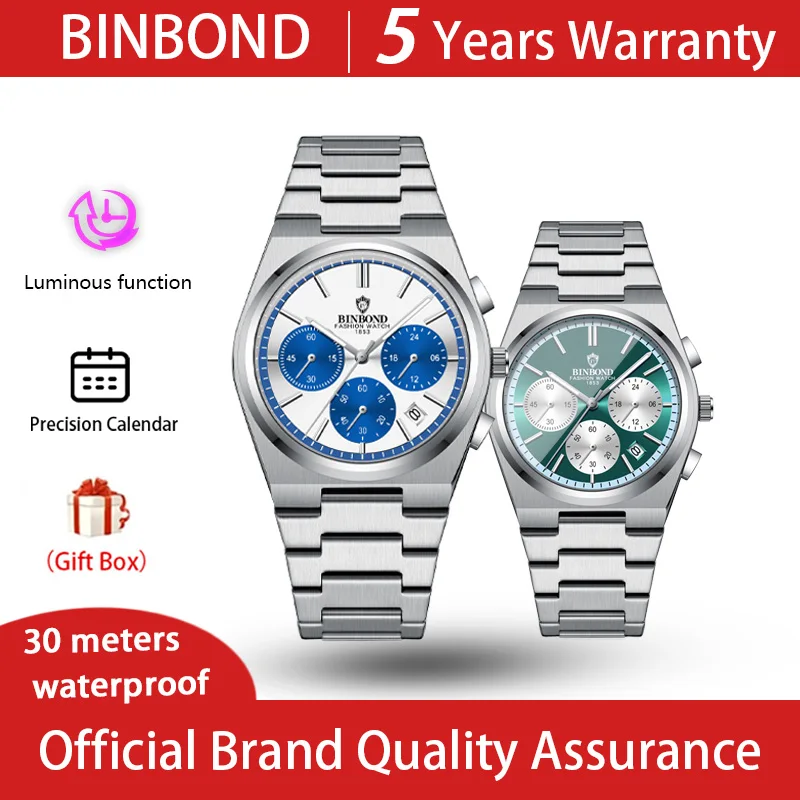 BINBOND  Sports Watches Men Waterproof Luminous Week Calendar Watch Man Quartz Movement Stainless Steel Fashion Men Watch